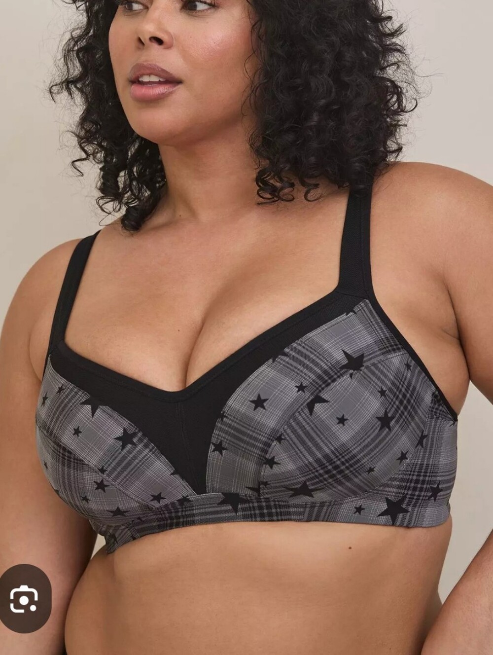 Torrid Active‎ Plaid Star Print Underwire Sports Bra Grey Black 44F Mid Impact